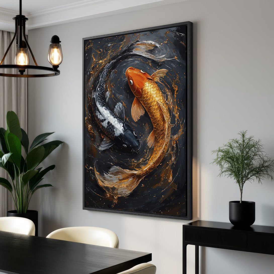 Framed Wall Art featuring koi fish in a modern, abstract style with a dark, gold, and black color palette. Perfect for adding elegance to any space!