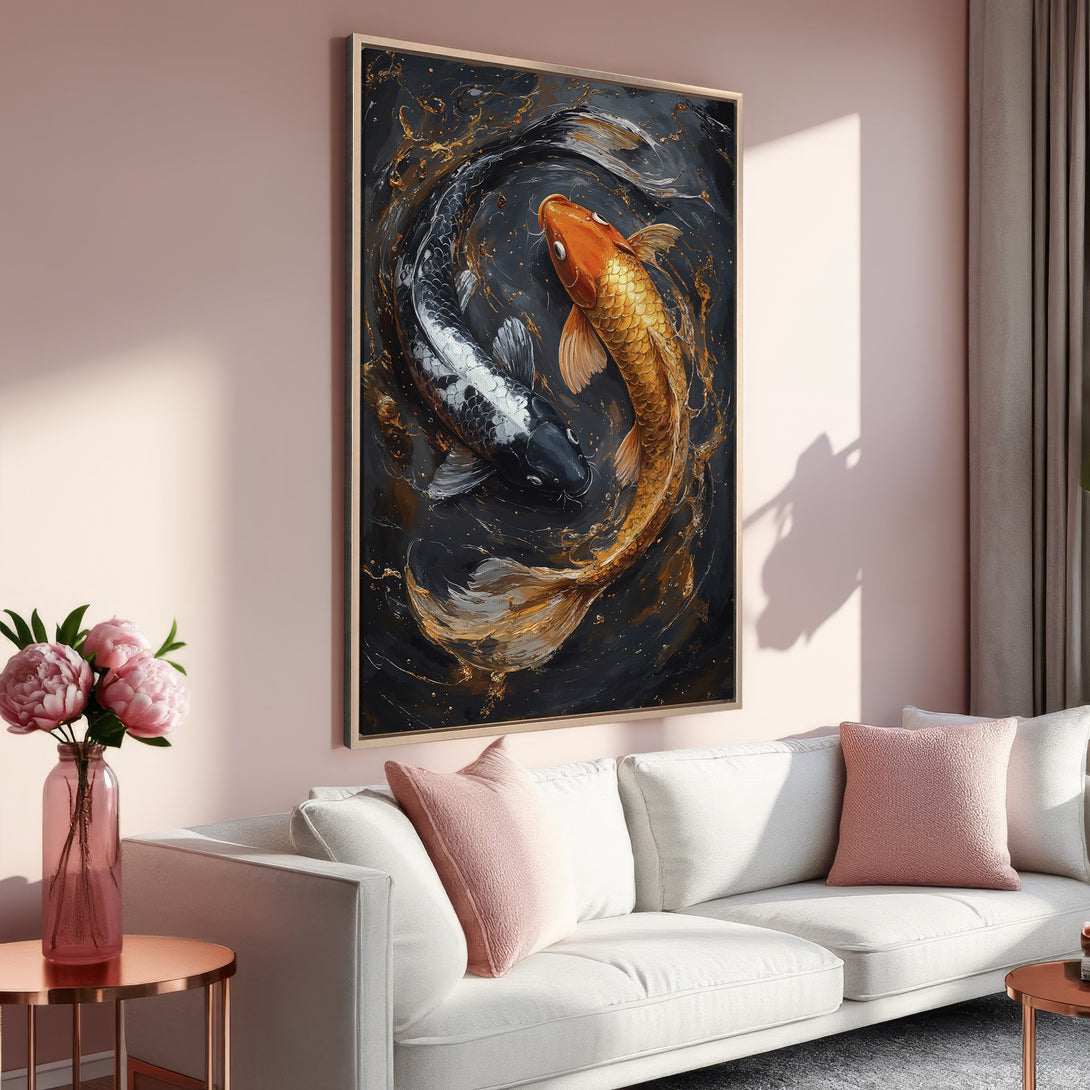 Framed Wall Art: Koi fish canvas print in a modern living room. Features a black, gold, and orange color palette, adding elegance to any space.