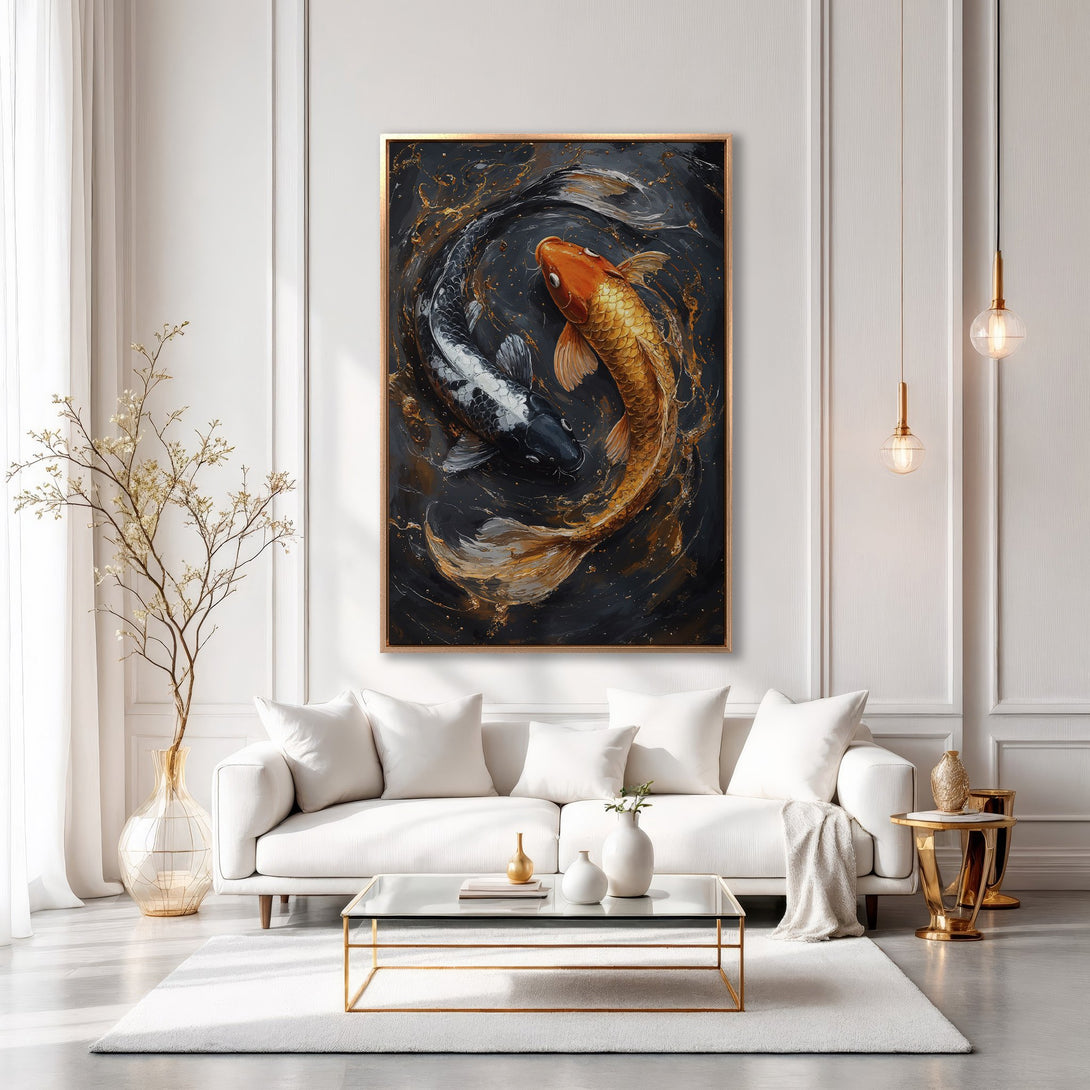 Framed Wall Art: Koi fish painting in a modern interior. Features a black, gold, and orange color palette, perfect for adding elegance to your space.