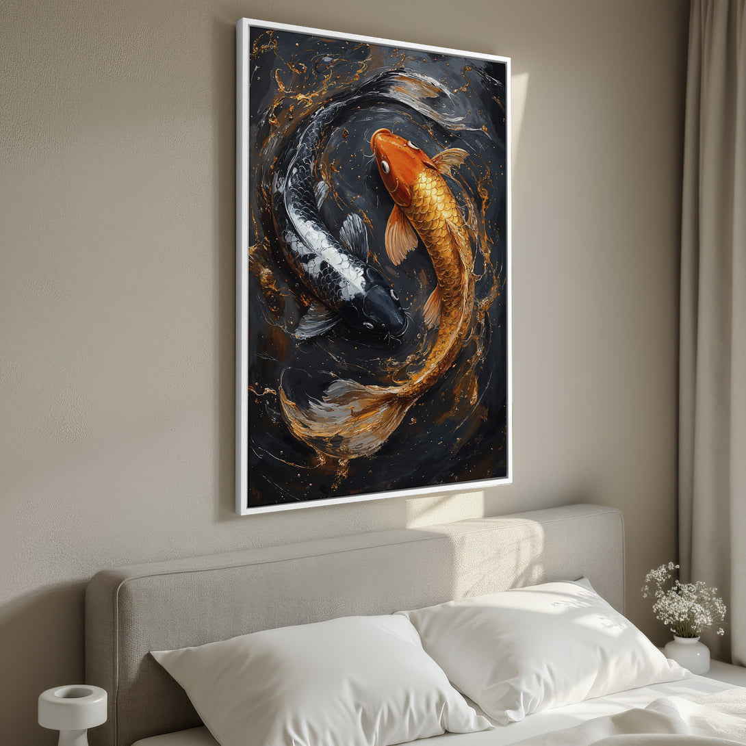 Framed Wall Art: Koi fish painting in black, gold, and orange. Modern artwork for your bedroom decor.
