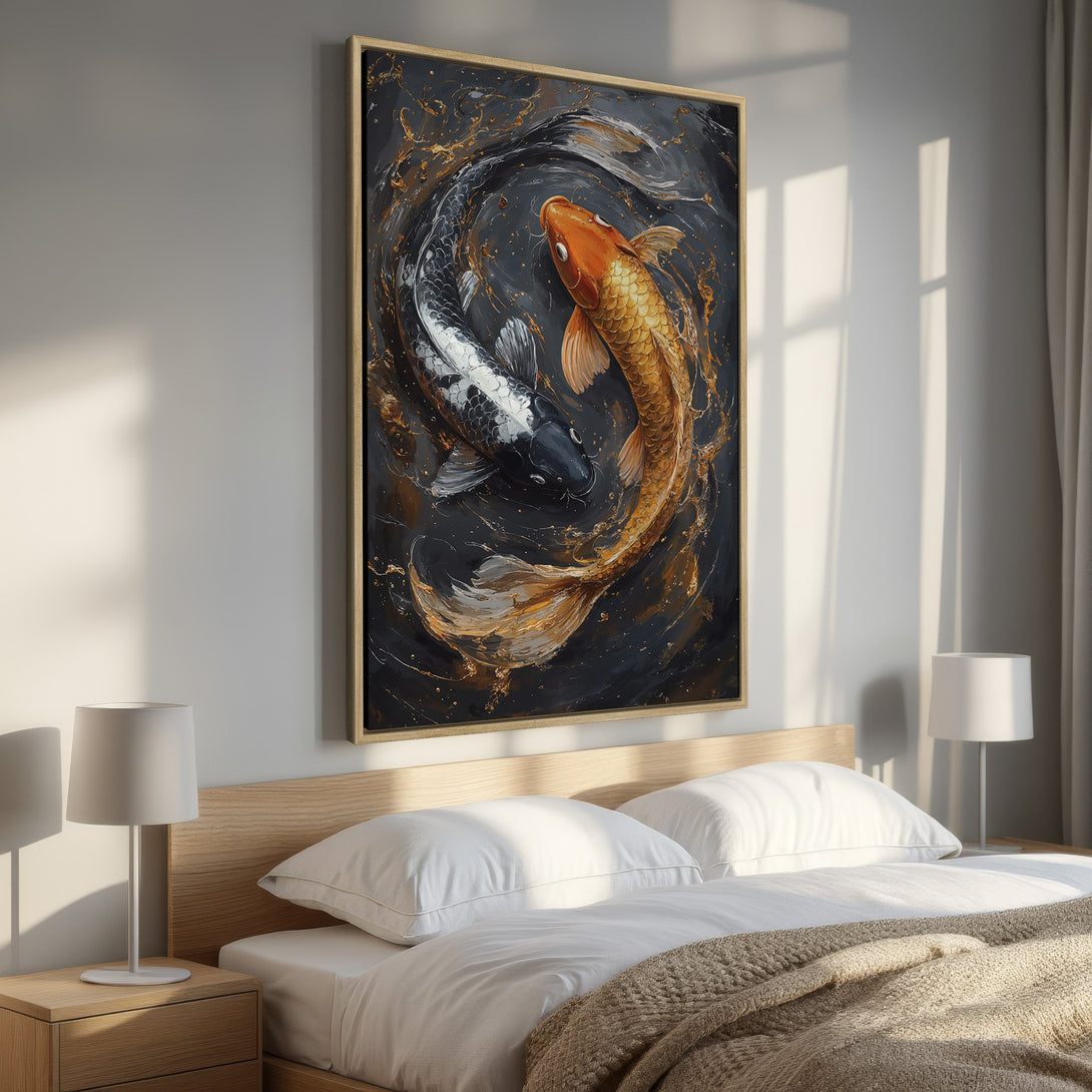 Framed Wall Art: Abstract koi fish painting in black, gold, and orange. Modern art piece perfect for bedroom decor.