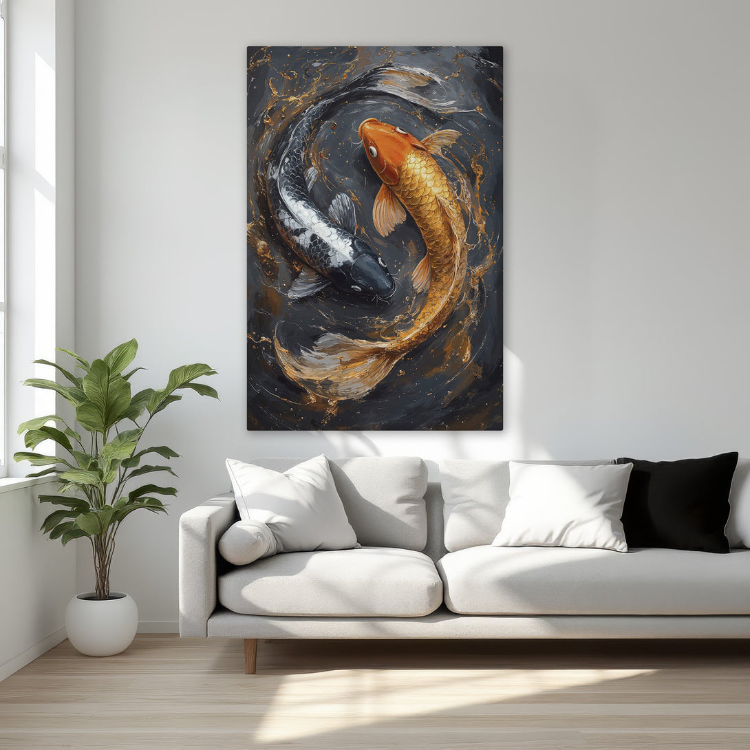 Framed Wall Art: Koi fish painting in gold and black. Elegant Canvas Print for bedroom decor. Modern art with a touch of luxury.