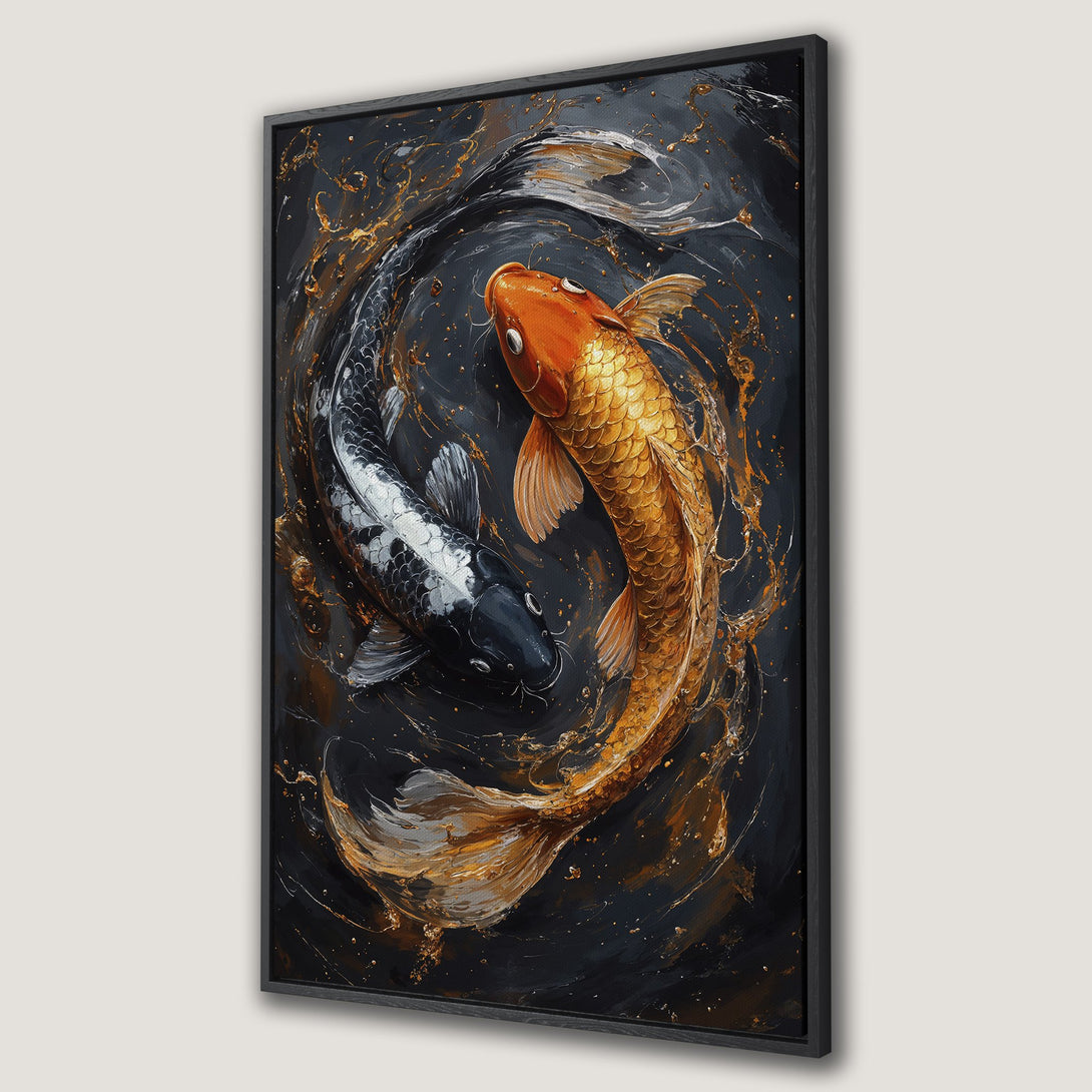 Framed Wall Art featuring koi fish in a modern, abstract style. Stunning black, gold, and orange color palette adds elegance to any space. Shop now!