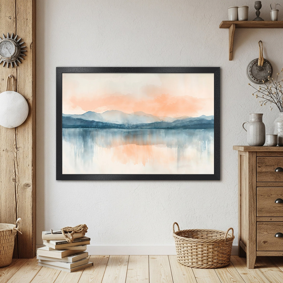 Framed Poster featuring a watercolor landscape with blue and orange hues. Perfect wall art for a serene home.
