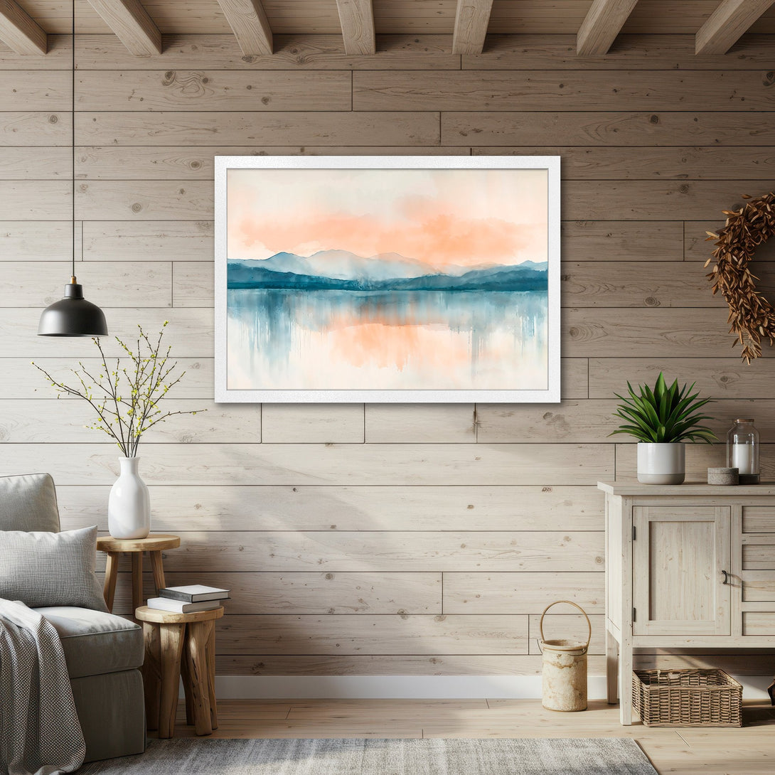 Framed Poster featuring a watercolor landscape in blue and orange hues. Perfect wall art for a calming, modern home decor.