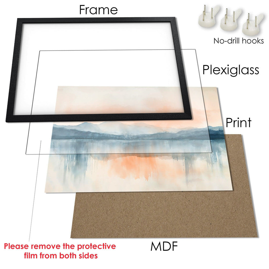 Framed Poster featuring a watercolor landscape in soft blues and peach tones, perfect wall art for your home.