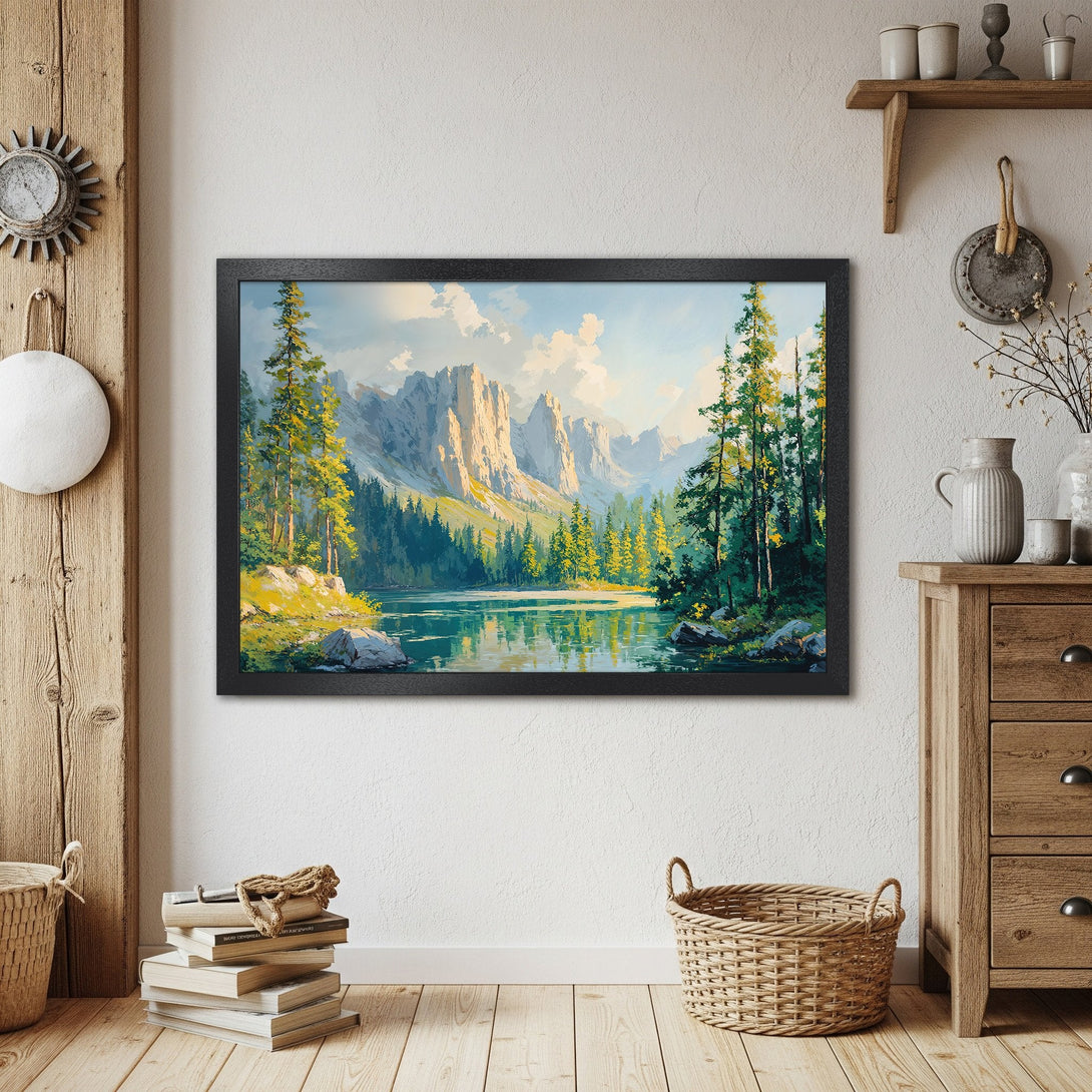 Framed Poster featuring a serene mountain lake landscape painting in a vibrant green, blue, and yellow color palette.
