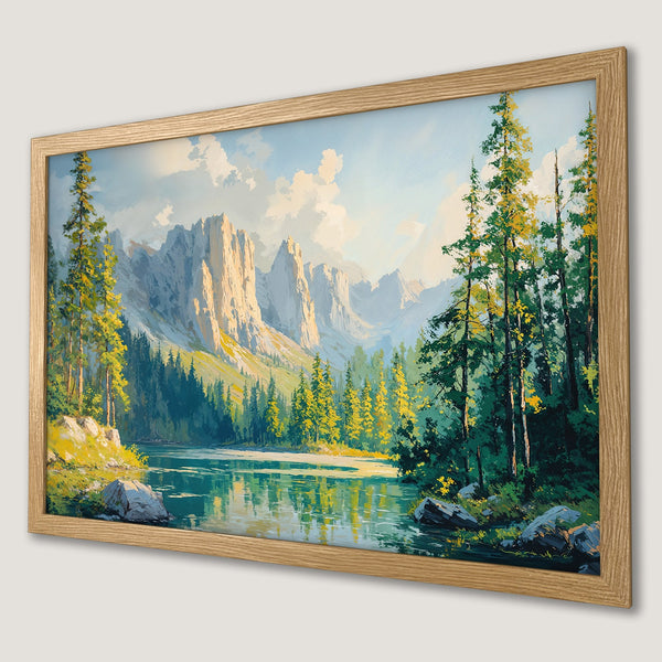 Framed Poster of a serene mountain lake landscape, painted in a vibrant, impressionistic style with a blue, green, and yellow color palette.