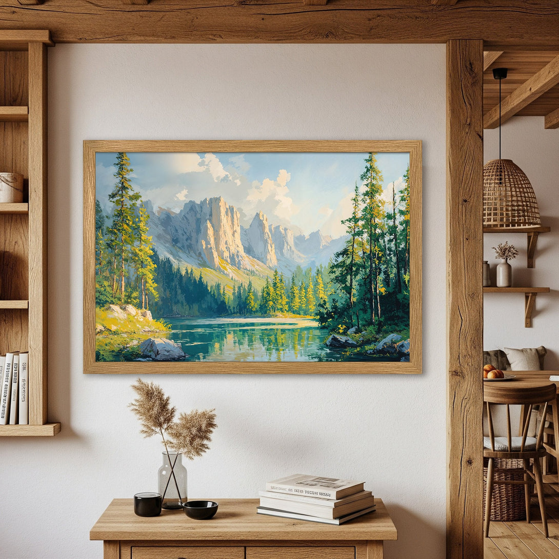 Framed Poster of a serene mountain lake landscape in a vintage style, featuring a natural color palette.