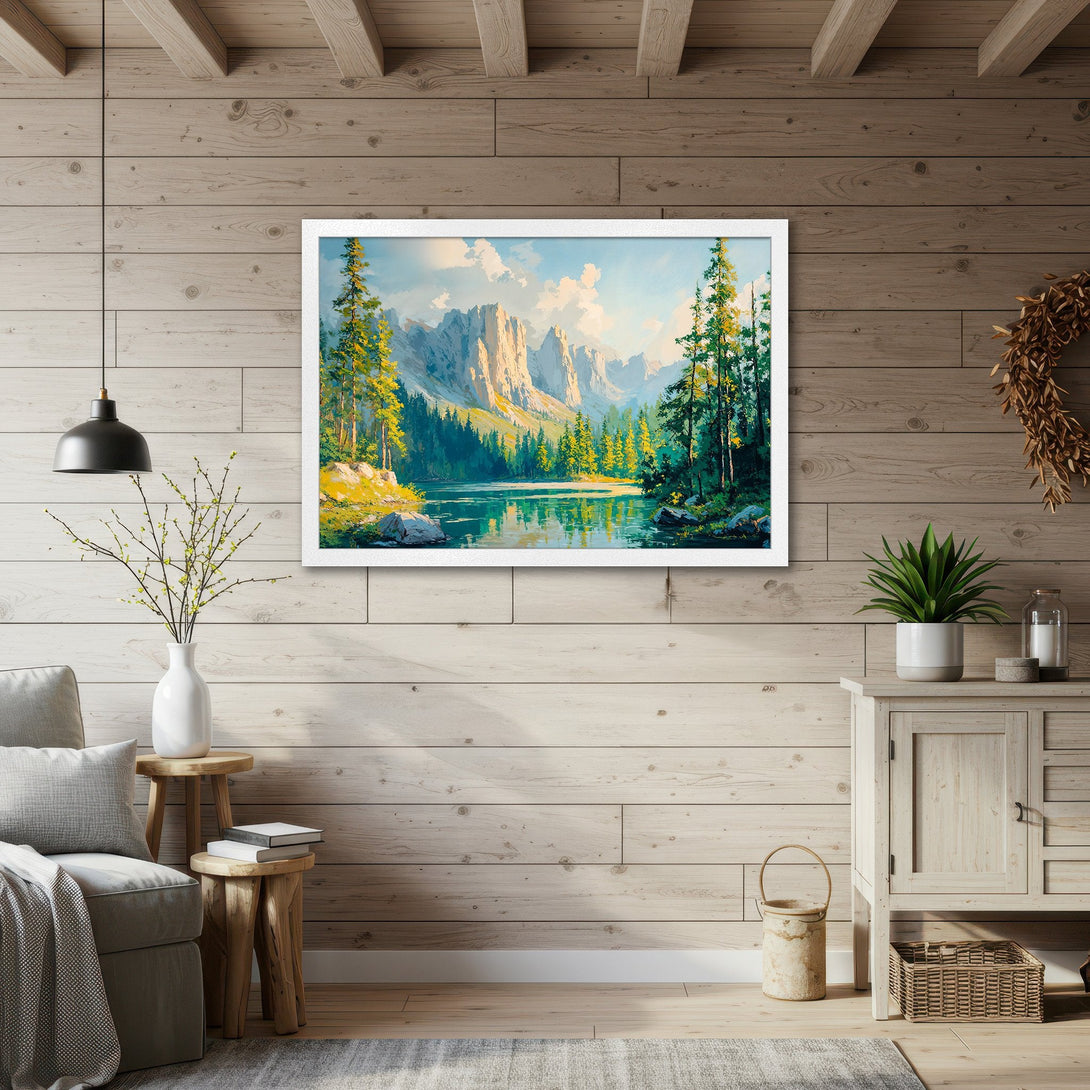 Framed Poster featuring a serene landscape painting in a vibrant, natural color palette. Perfect wall art for any home.