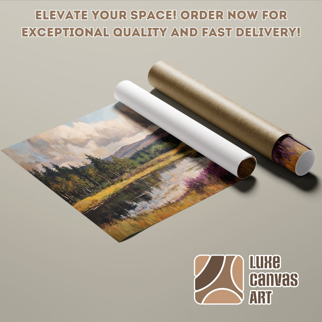 Landscape Poster Roll, oil painting style, earth tones and blues. Elevate your space with Luxe Canvas Art!