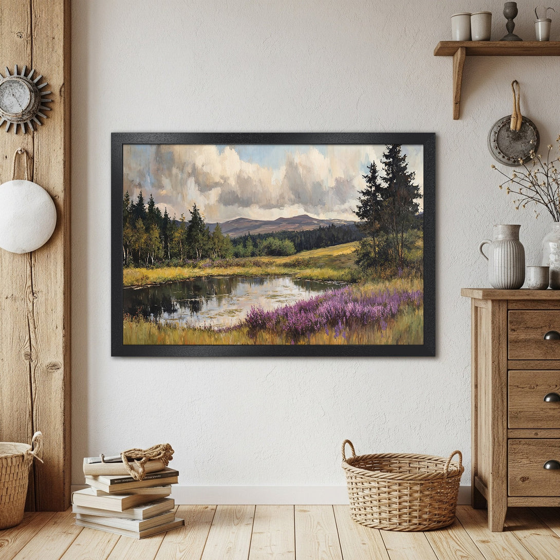 Framed Poster of a serene landscape painting. Features a lake, trees, and purple flowers. Earthy tones and a rustic style.