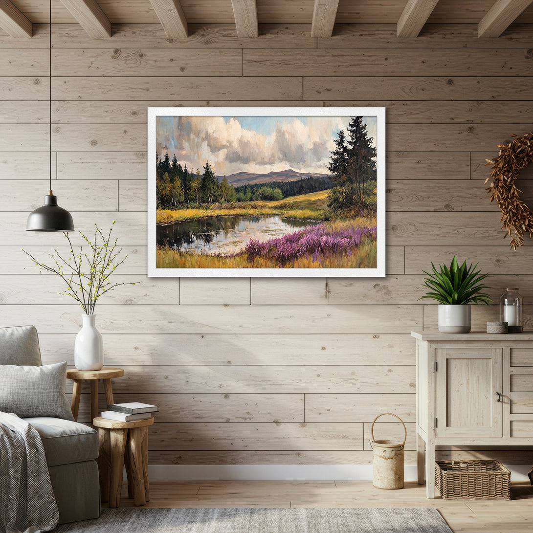 Framed Poster of a serene landscape painting with a lake, trees, and purple flowers. Earthy tones and a calming style. Perfect wall art!