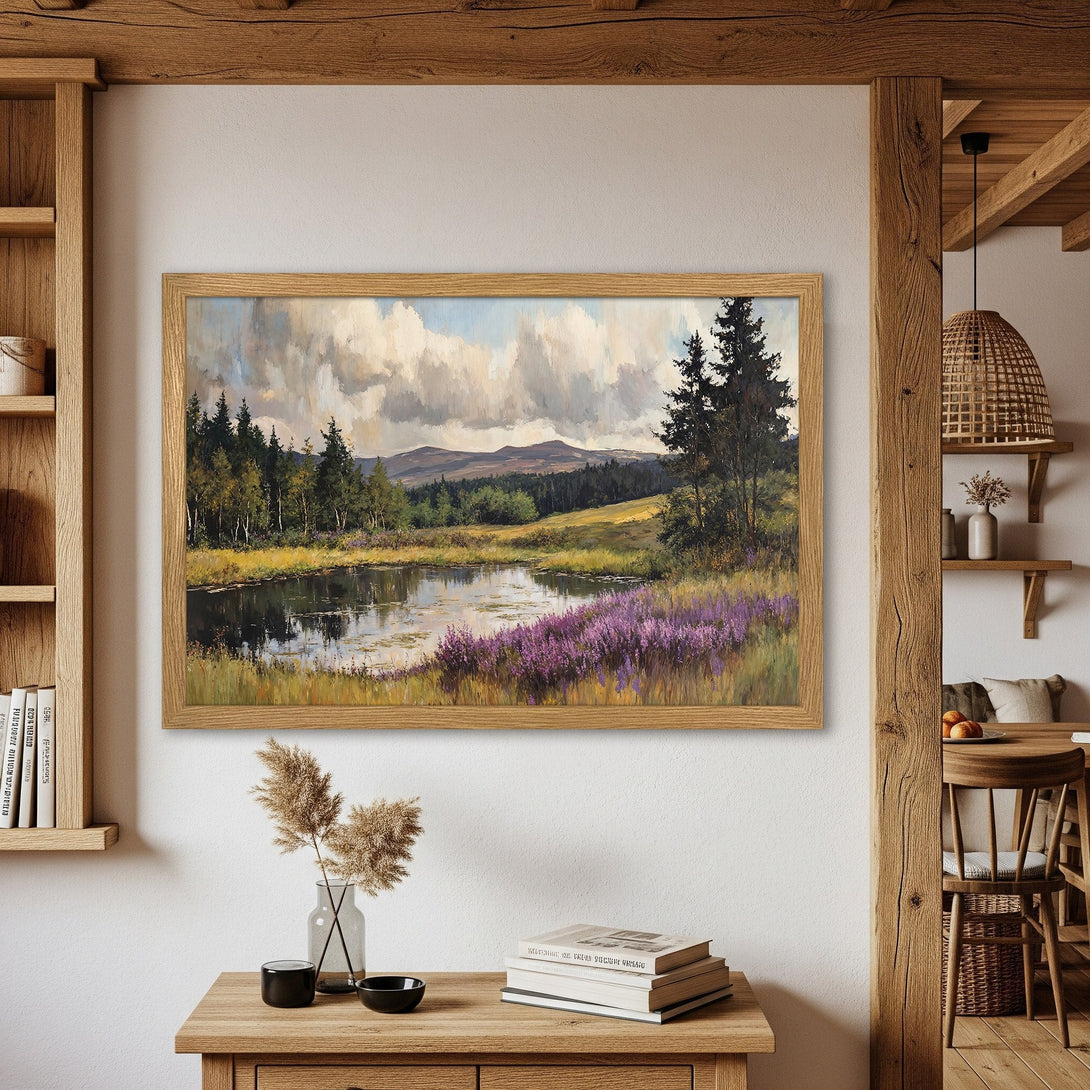 Framed Poster of a serene landscape painting featuring a lake, trees, and mountains. Earthy tones and impressionistic style. Perfect wall art.