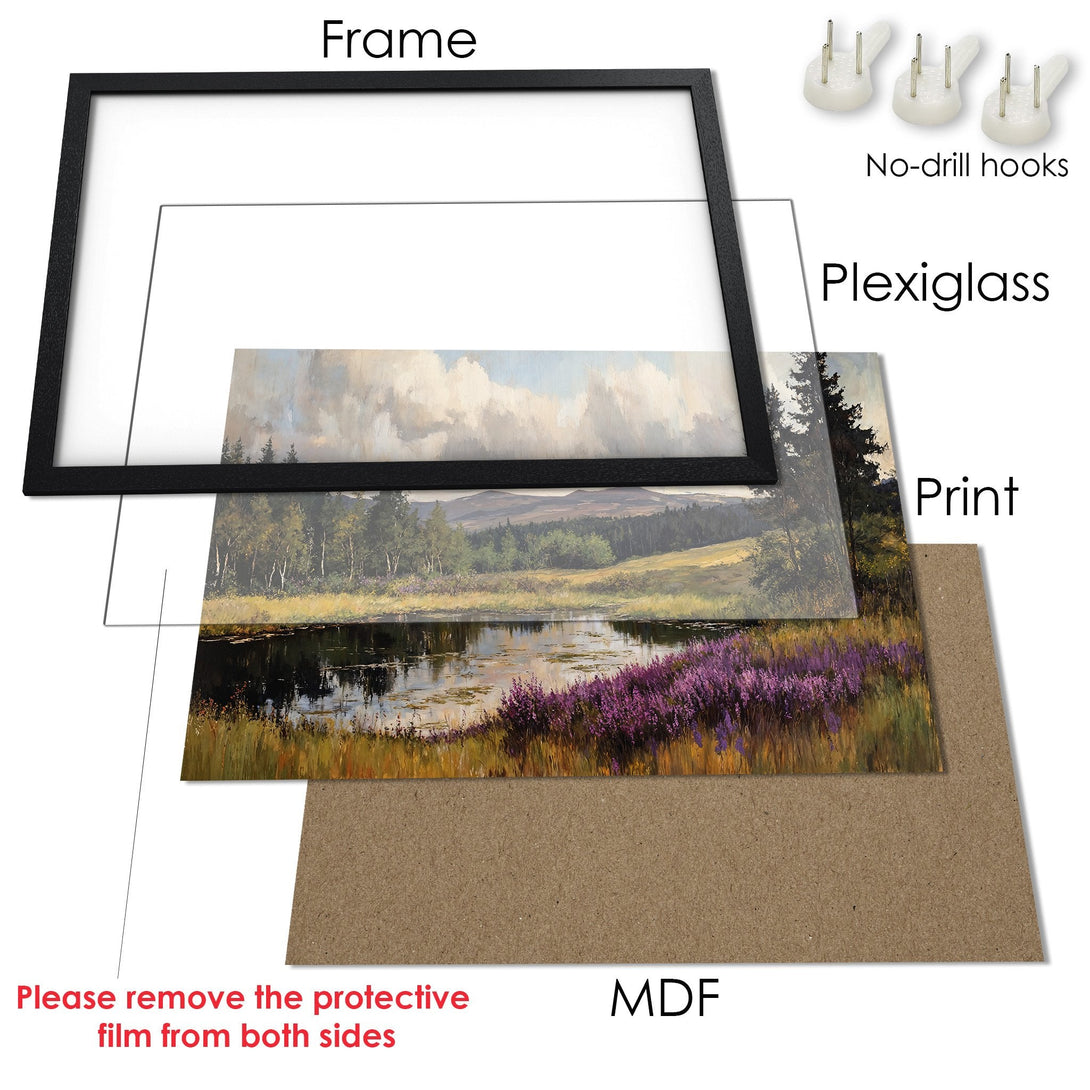 Framed Poster of a landscape painting with a black frame. Features a lake, trees, and purple flowers. Earthy tones with blue sky.
