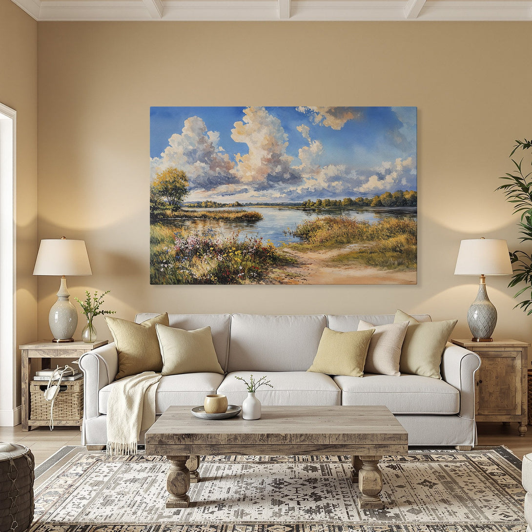 Framed Wall Art: Landscape Canvas Print with a serene river scene, featuring blue skies, fluffy clouds, and a warm, natural color palette. Perfect for home decor.