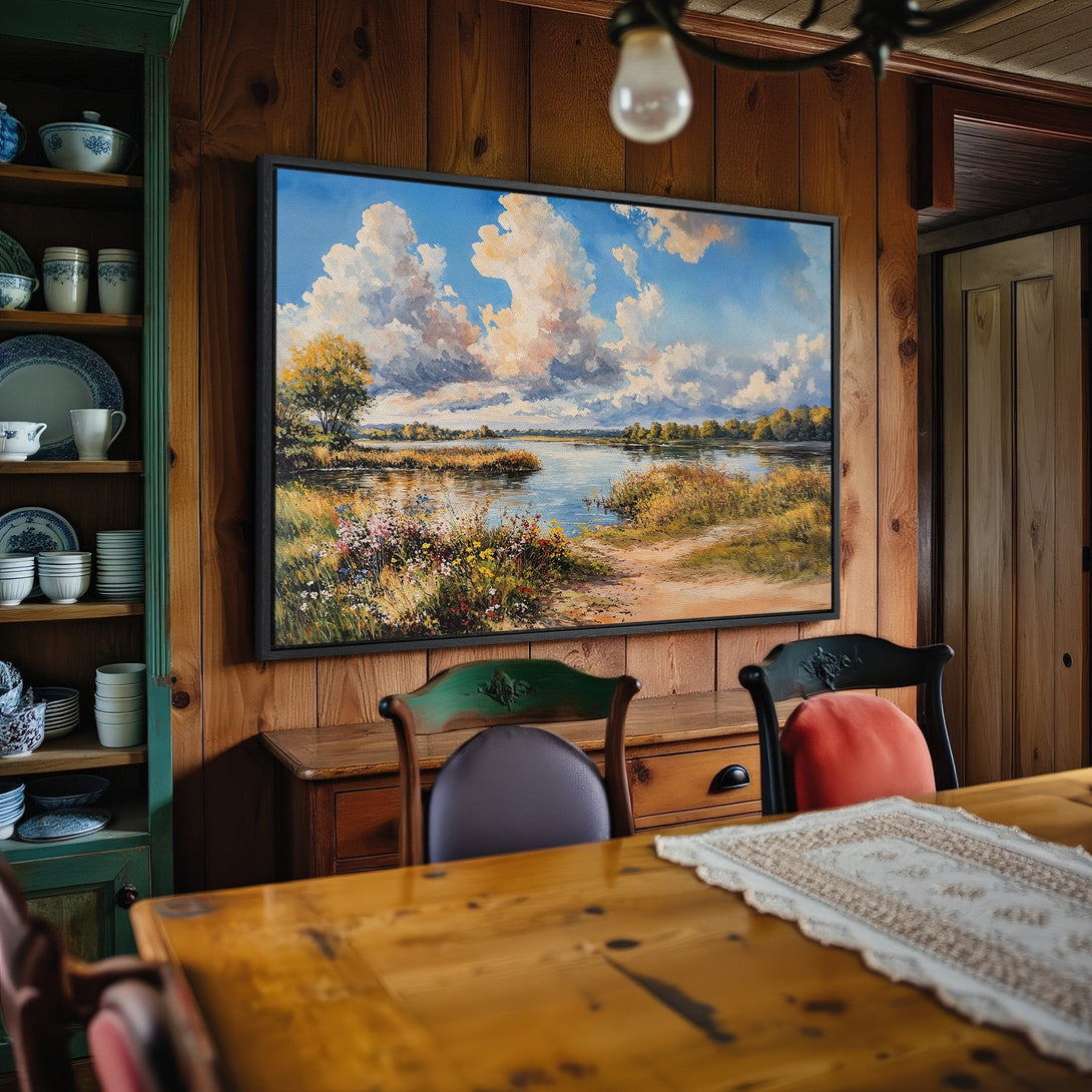 Framed Wall Art: Landscape Canvas Print with a serene river scene in warm, earthy tones. Perfect for adding a touch of nature to your home decor.
