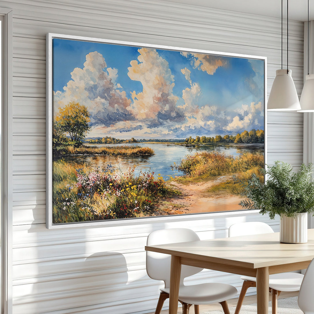 Framed Wall Art: Stunning landscape Canvas Print with a serene lake scene, featuring a blue sky & warm color palette. Elevate your home decor!