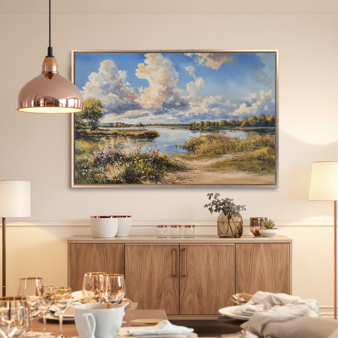 Framed Wall Art: Landscape Canvas Print with serene lake scene, blue sky, and warm earth tones. Perfect for adding a touch of nature to your home.