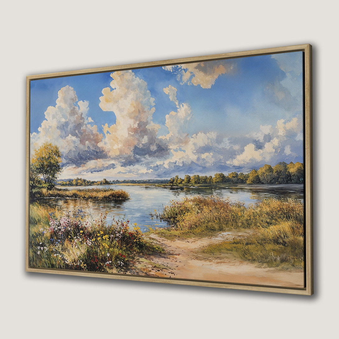 Framed Wall Art: Serene landscape Canvas Print with blue skies, fluffy clouds, and a river. Earthy tones and vibrant colors bring nature indoors.