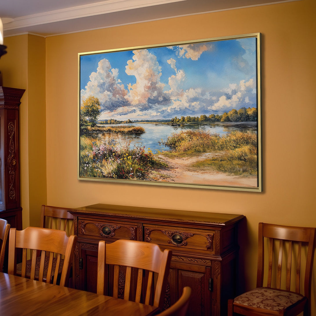 Canvas Print of a serene landscape painting with a blue sky and warm, neutral color palette. Perfect for adding a touch of nature to your home.
