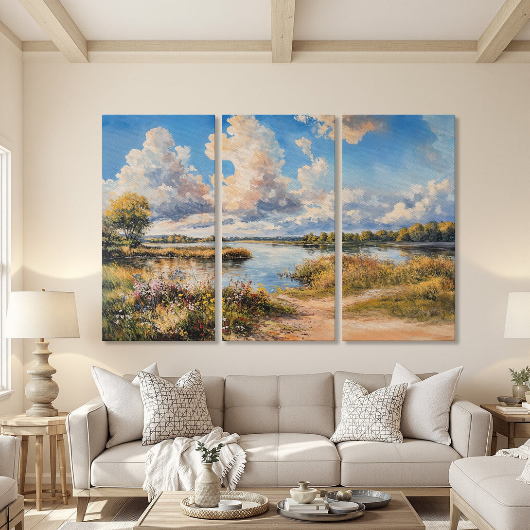 Canvas Print: Stunning landscape art with a serene river scene, featuring a blue sky and warm earth tones. Perfect wall decor for a calming ambiance.