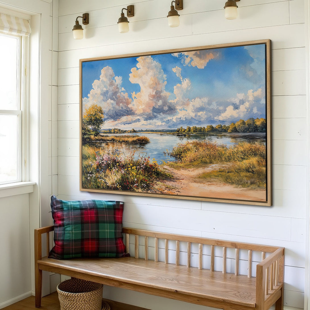 Framed Wall Art: Landscape Canvas Print with blue sky, clouds, and river. Rustic style, warm color palette for home decor.