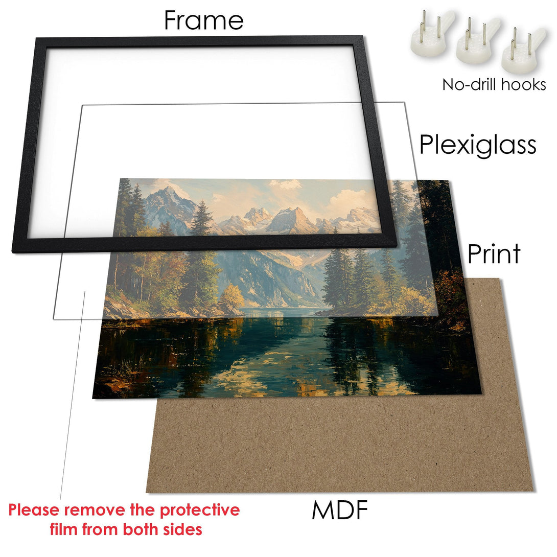 Framed Poster of a serene mountain landscape painting. Earthy tones and natural style create a calming aesthetic. Ready to hang art!