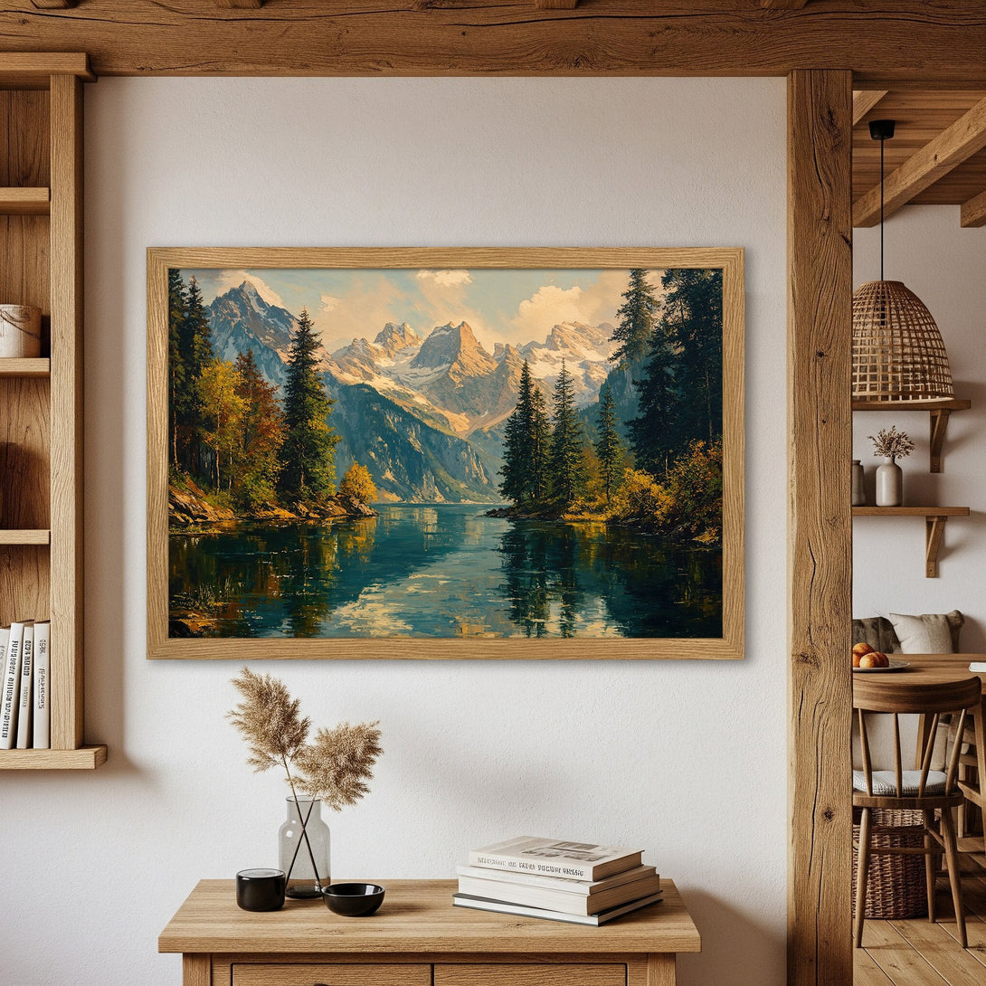 Framed Poster of a serene mountain lake landscape painting, showcasing a natural, warm color palette. Perfect wall art for home decor.