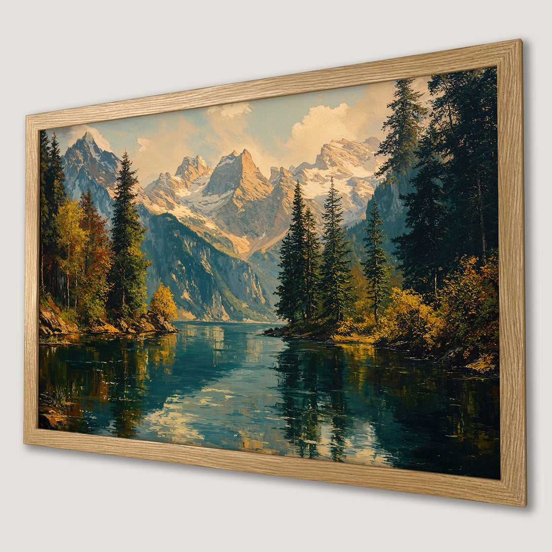 Framed Poster of a mountain lake landscape painting. Warm color palette with blues, greens, and golds. Perfect wall art for your home.