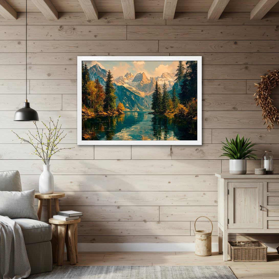 Framed Poster of a serene mountain landscape painting in a warm, natural color palette. Perfect for adding a touch of nature to your home!
