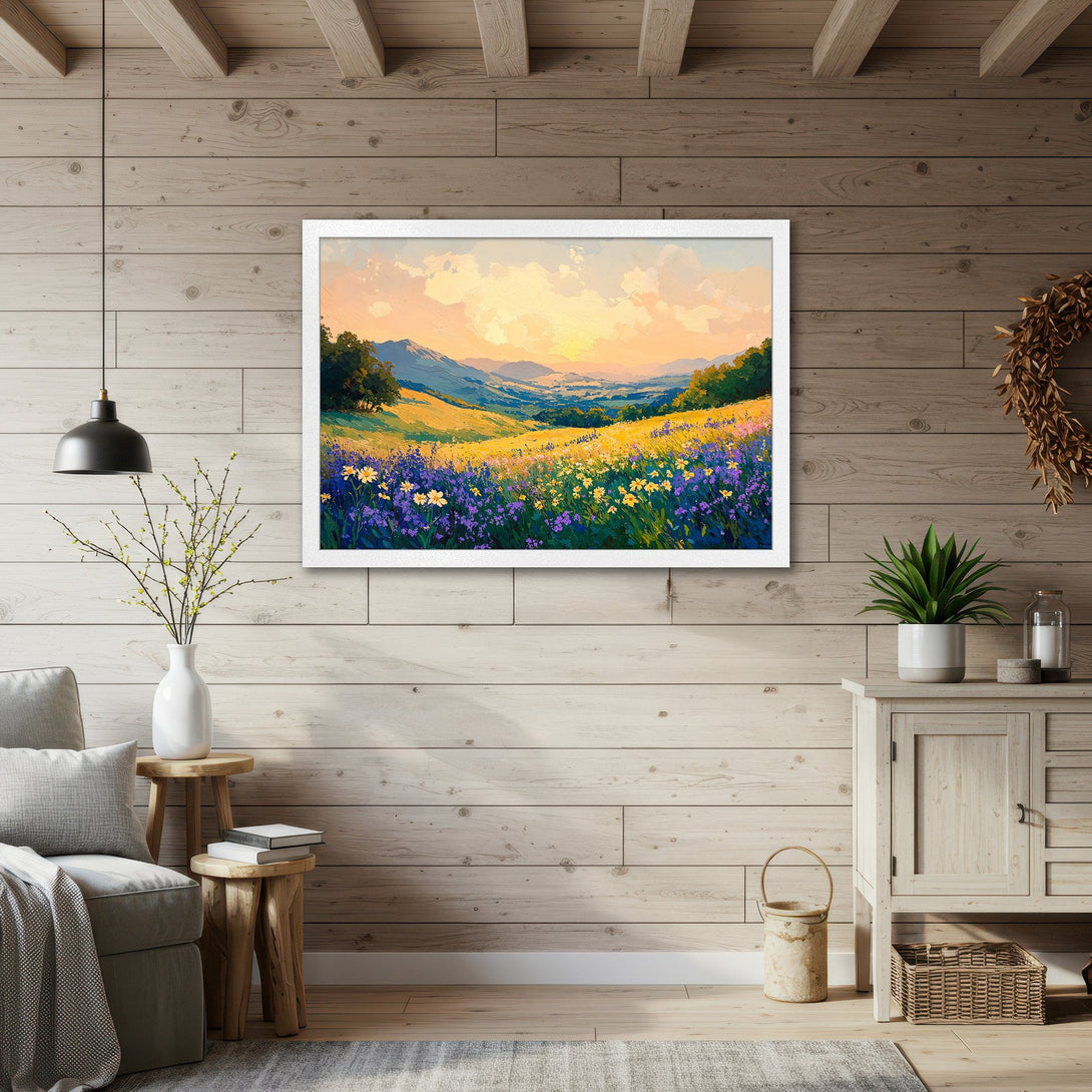 Framed Poster of a vibrant landscape painting. Impressionistic style with a warm color palette of yellow, blue, and green, perfect for home decor.