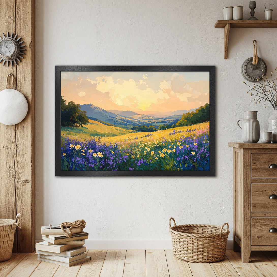 Framed Poster of a vibrant landscape painting. Features a field of flowers with a warm, golden color palette. Perfect wall art!