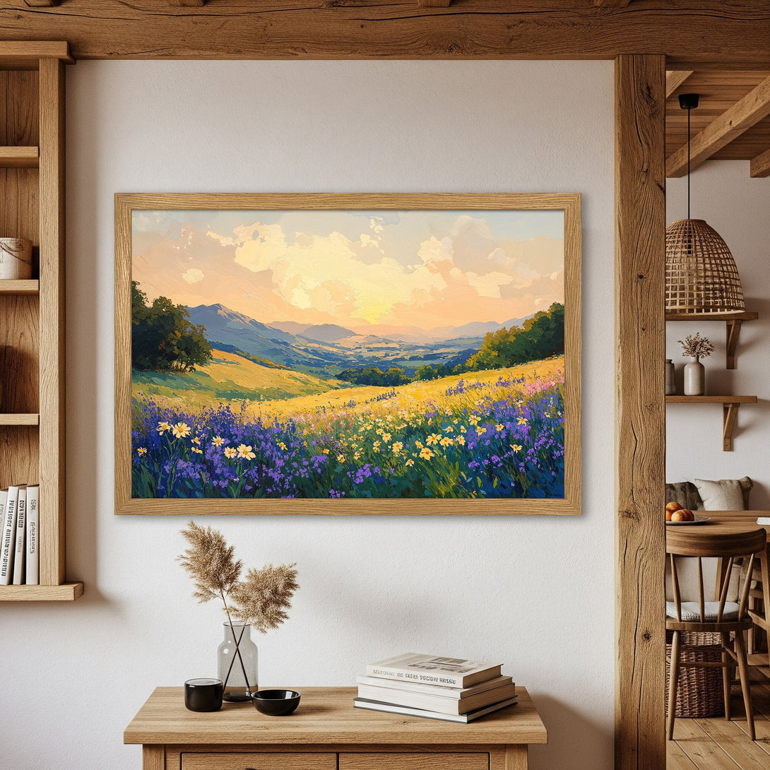 Framed Poster of a vibrant landscape painting with a warm color palette. Perfect wall art for any room!