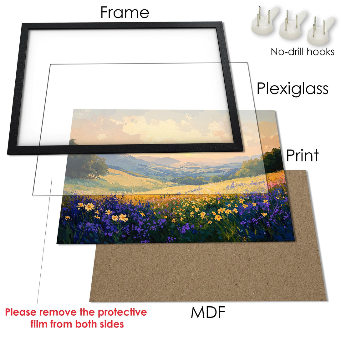 Framed Poster featuring a vibrant landscape painting with a warm color palette. Perfect wall art for your home!