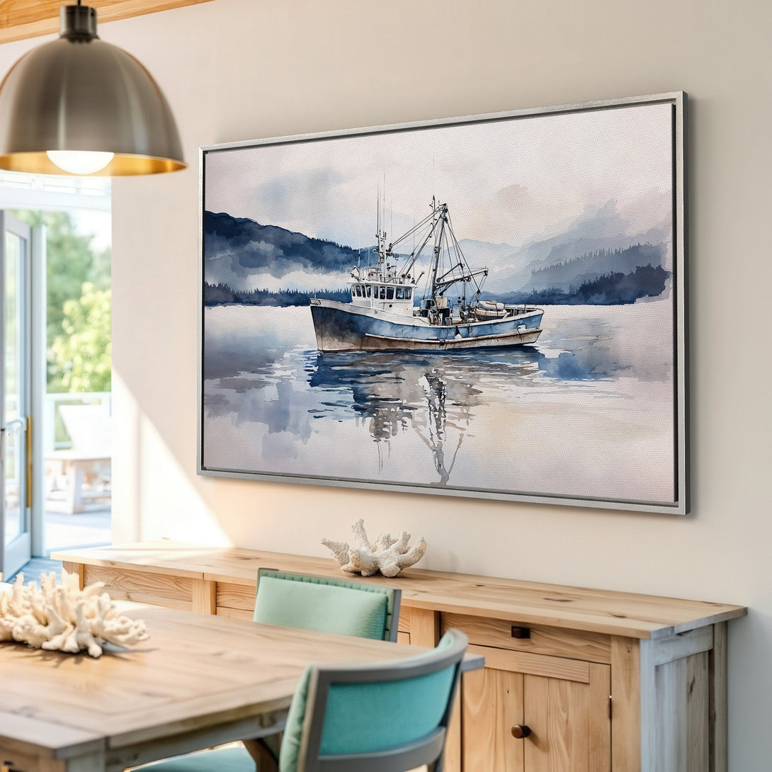 Framed Wall Art: Watercolor boat scene in blue and gray tones. Coastal-inspired Canvas Print adds serene style to any room. Shop now!