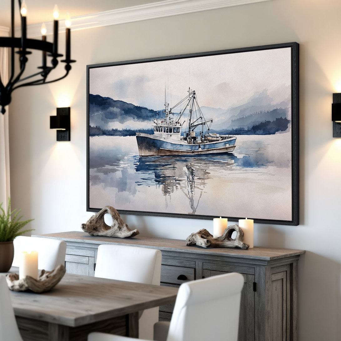 Framed Wall Art: Watercolor boat print in blue and gray tones. Coastal artwork adds a serene touch to any room. Perfect for home decor.