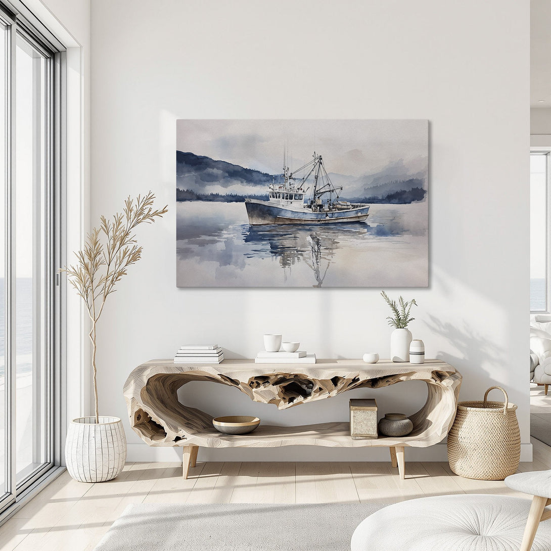 Framed Wall Art: Watercolor boat scene in blue and gray tones. Coastal decor for a serene living space. Add calming art to your home!