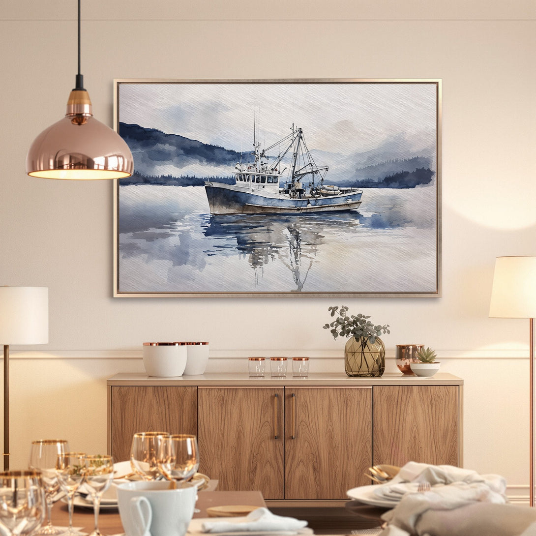 Framed Wall Art: Watercolor boat scene in blue and gray tones. Coastal art print for a serene home.