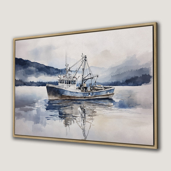 Framed Wall Art: Watercolor boat scene in blue and gray tones. Coastal art print for a serene, nautical-themed home decor.