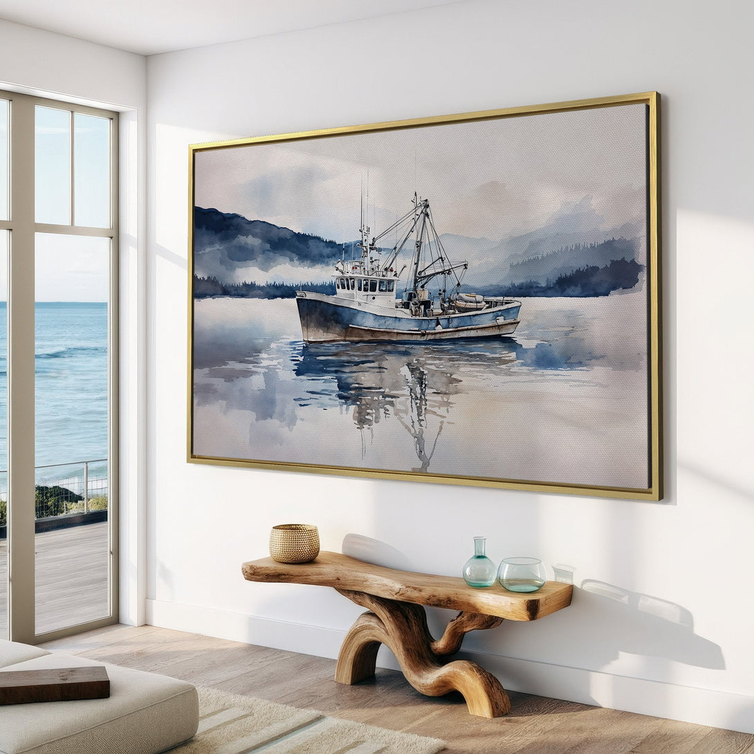 Canvas Print of a serene watercolor fishing boat scene in a coastal interior. Features a calming blue and gray color palette for a tranquil aesthetic.