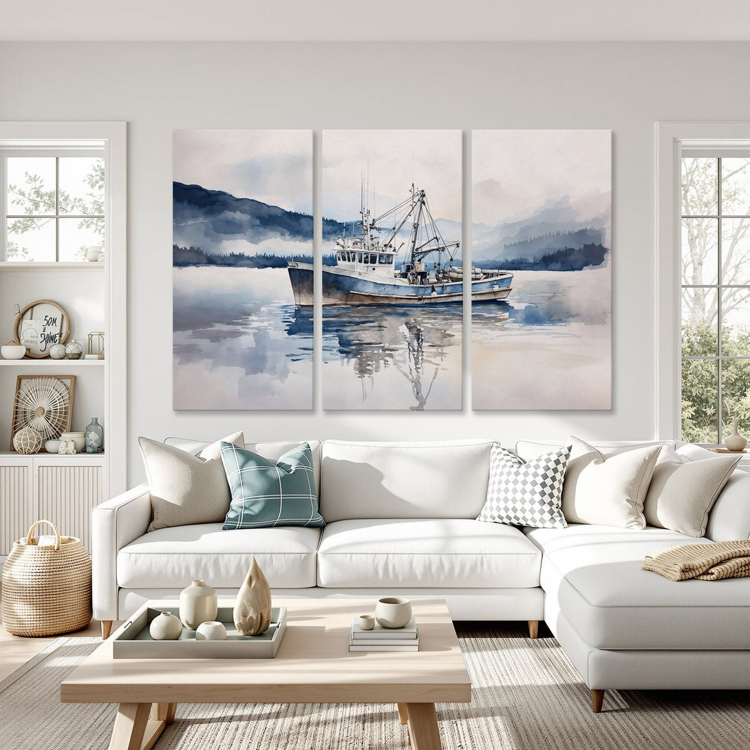 Canvas Print: Watercolor boat art in blue & neutral tones. Coastal decor for living room. Serene landscape wall art.