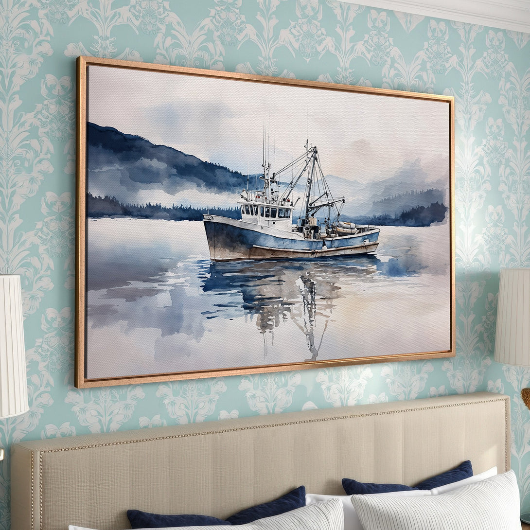 Framed Wall Art: Watercolor boat scene in blue and gray hues. Coastal art print perfect for bedroom decor.