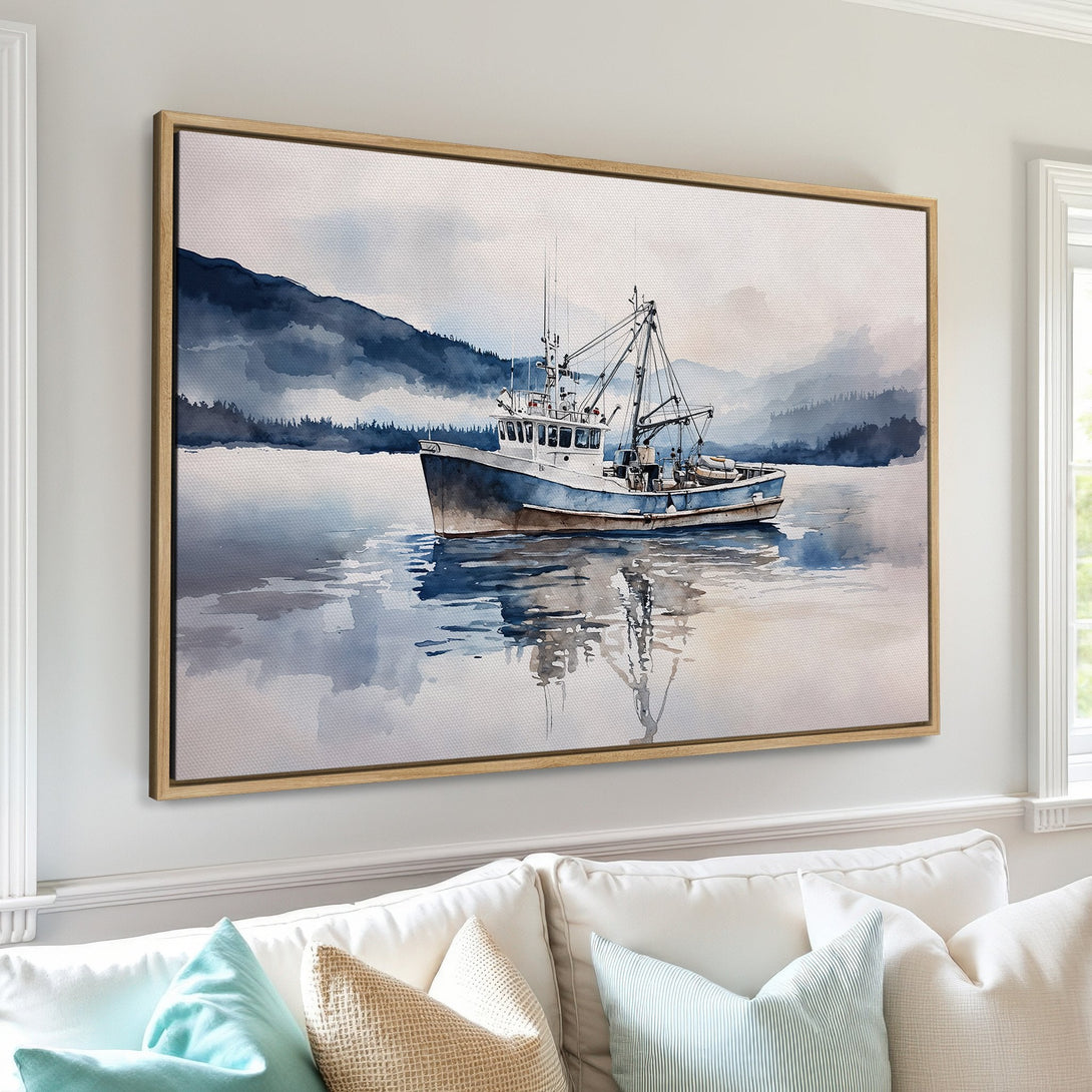 Framed Wall Art: Watercolor boat scene in blue and gray tones. Coastal art print adds a touch of serenity to any space. Shop now!