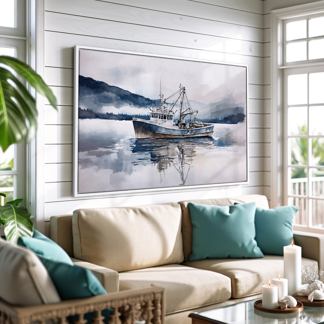 Framed Wall Art: Watercolor boat scene in blue and gray hues. Coastal artwork adds a serene touch to any space. Perfect for nautical decor.
