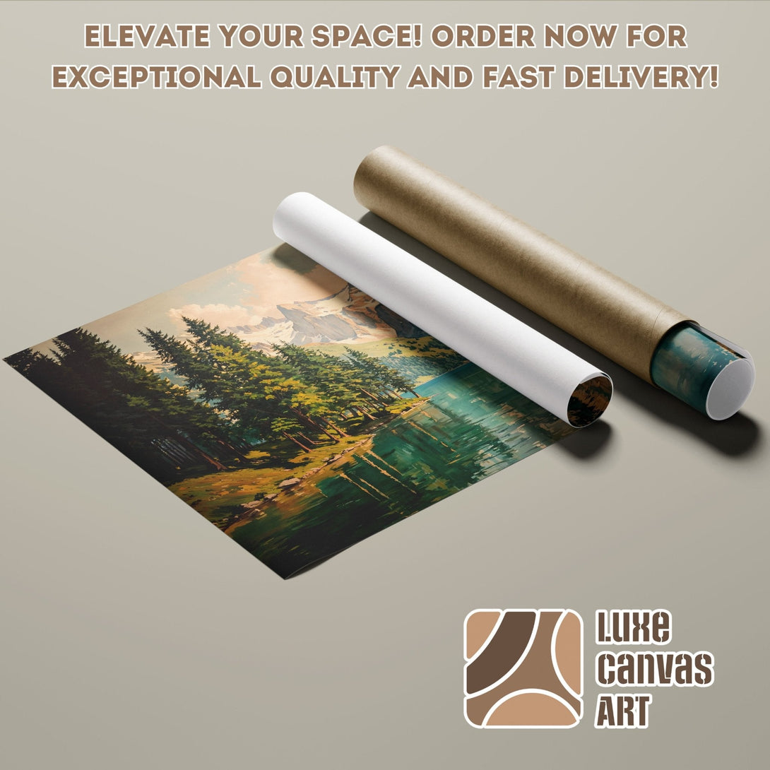 Poster Roll of a landscape painting with a green, blue, and brown color palette. Perfect for home decor!