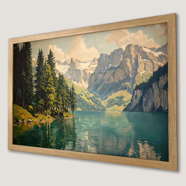 Framed Poster of a serene mountain lake landscape. Artistic style with green, blue, and beige color palette. Perfect wall art for your home.