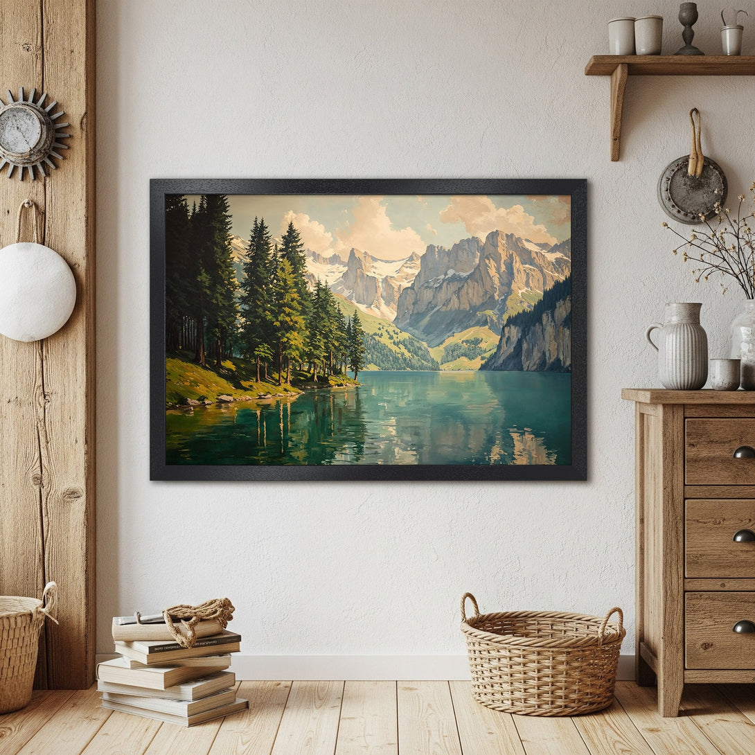 Framed Poster featuring a serene mountain lake landscape in a vintage style. Earthy tones and cool blues create a calming aesthetic.