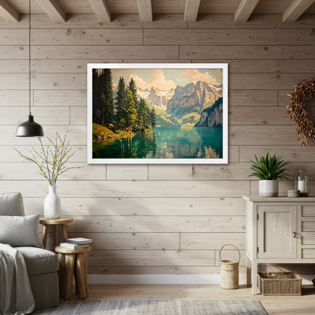 Framed Poster of a serene mountain lake scene in a warm, inviting color palette. Add a touch of nature to your home!