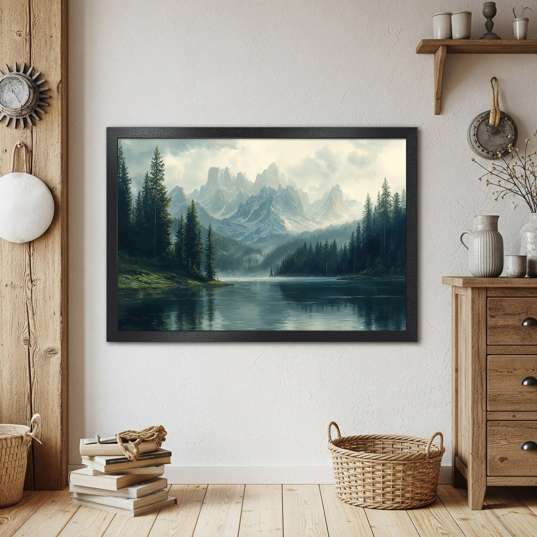 Framed Poster of a serene mountain lake scene, featuring a cool, muted color palette. Perfect art for your home!